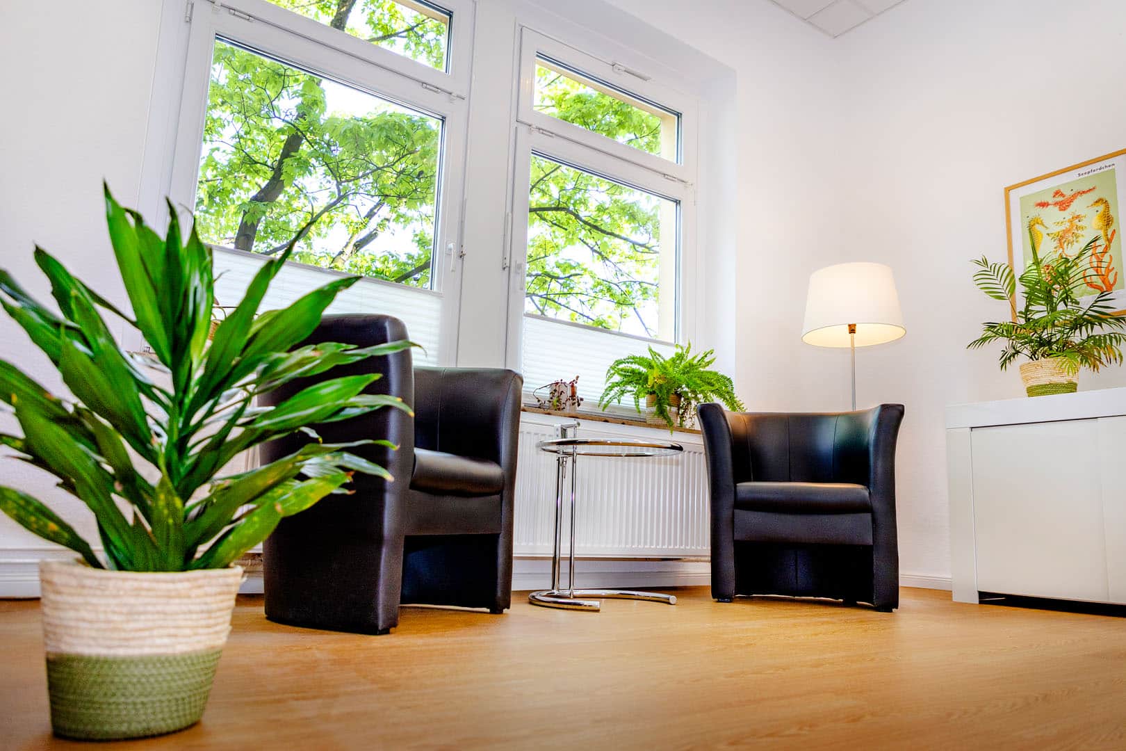 Räumlichkeiten Zwei gemütliche Ledersessel in einem hellen Raum, Sprechzimmer des Psychologen Dominic Lita aus Osnabrück